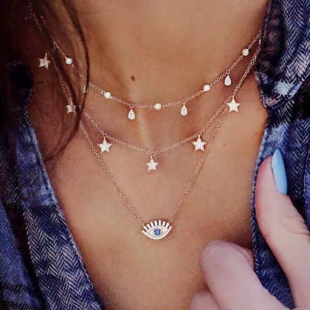 New! Evil eye alloy three layer necklace gold fashion
